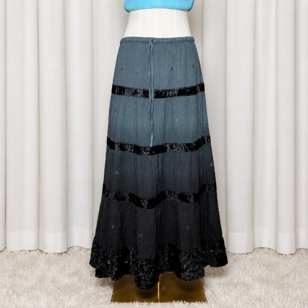 Vintage Y2K Kushi Blue Ombré Velvet Trim Maxi Skirt